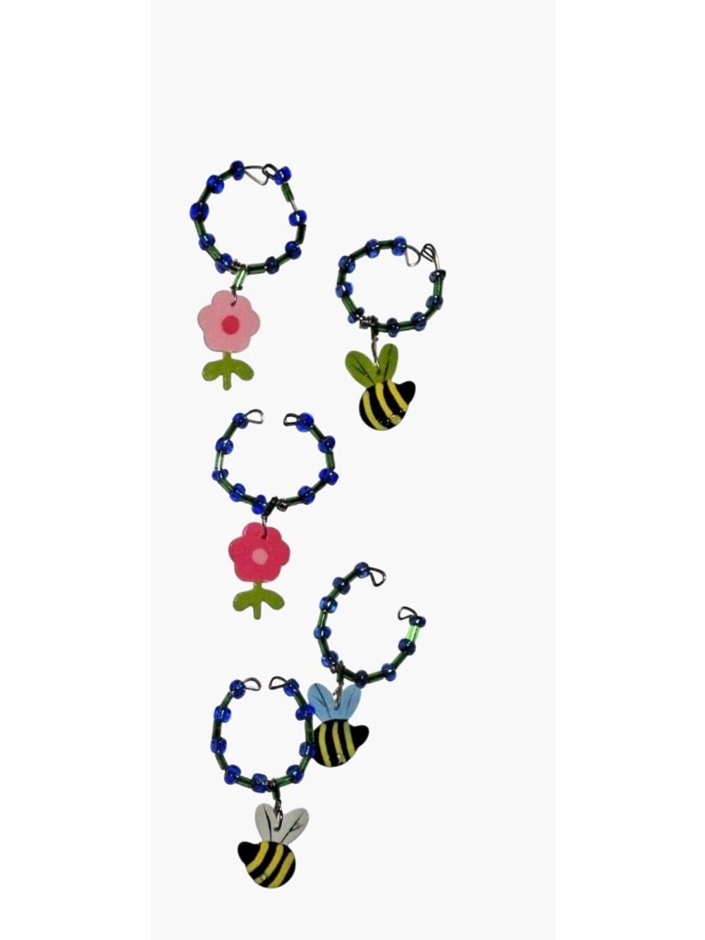 Whimsical Wooden Fairy Wine Bottle Charm Set Bee Flower Wine Glass Markers - Picture 2 of 6